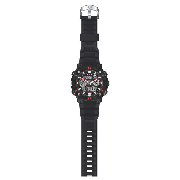 Q&Q ANA + DIGI watch with a black strap and black face with red accents